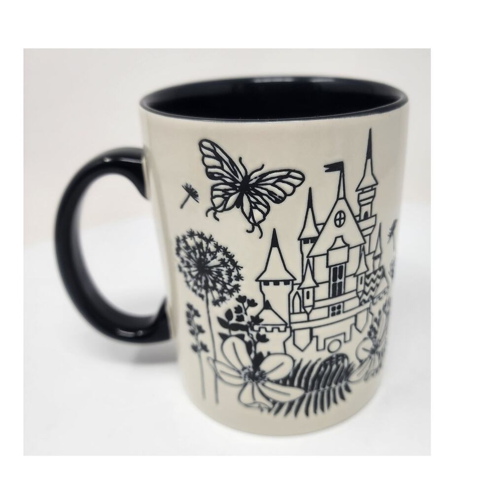 Disney Parks Fantasyland Castle Embossed Coffee Mug Ivory & Black Castle Flowers